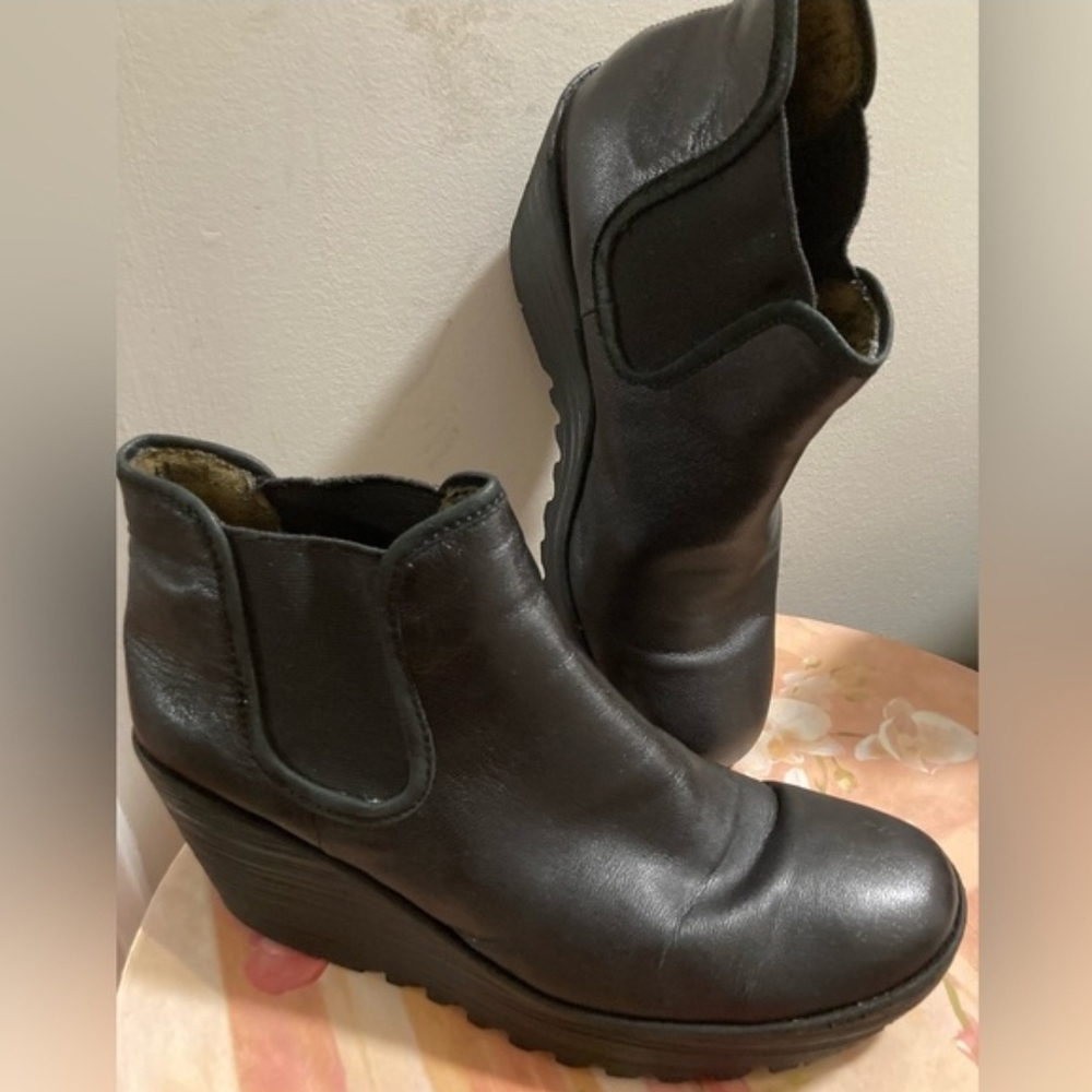 Fly London Black Leather Wedge Boots